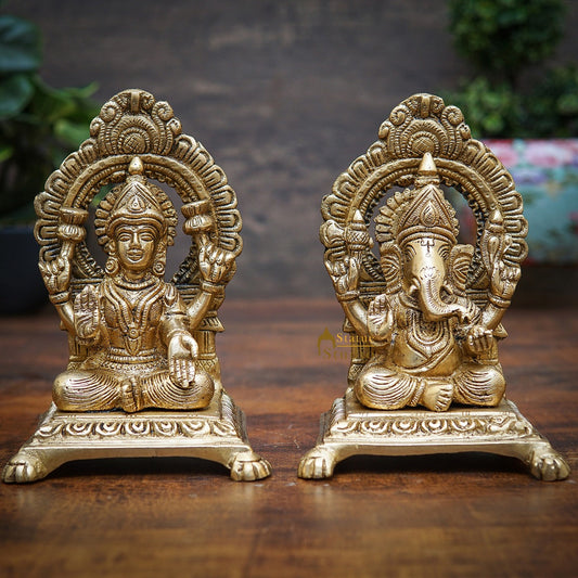 Brass Ganesha Lakshmi Idols For Home Diwali Pooja Room Décor Gift Showpiece 6"
