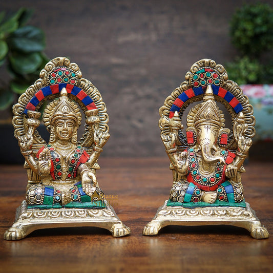 Brass Ganesha Lakshmi Idols For Home Diwali Pooja Room Décor Gift Showpiece 6"