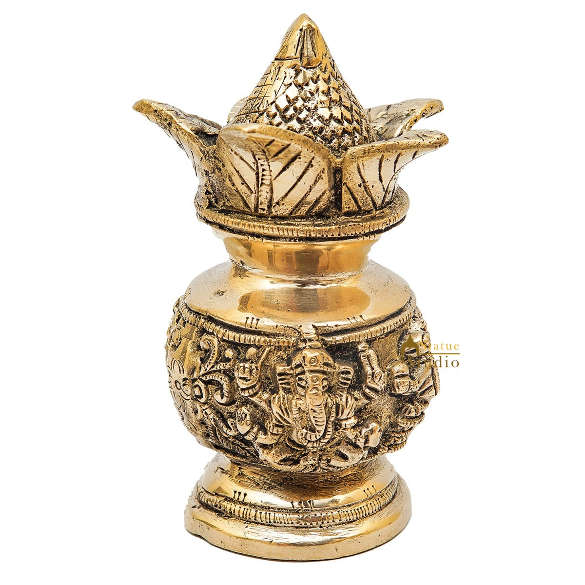 Brass Hindu Gods Engraved Kalash For Home Temple Pooja Room Décor Showpiece 6"