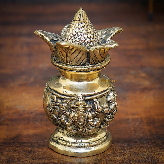 Brass Hindu Gods Engraved Kalash For Home Temple Pooja Room Décor Showpiece 6"