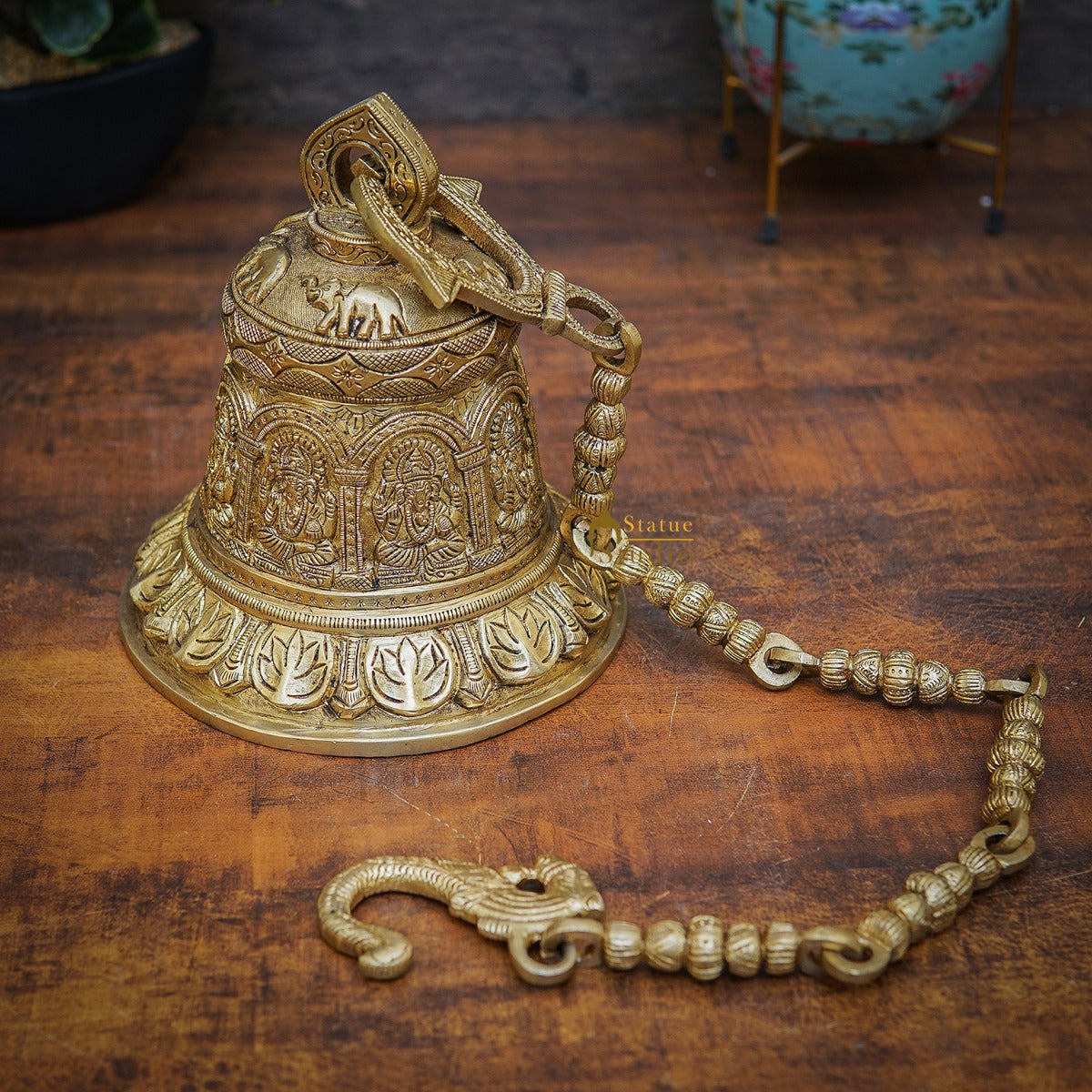 Brass Hindu Gods Engraved Bell For Home Temple Pooja Room Décor Showpiece 8" - Image 2