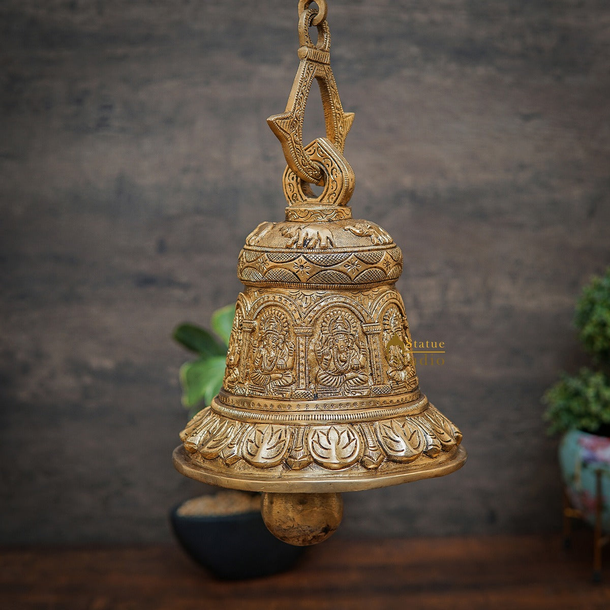 Brass Hindu Gods Engraved Bell For Home Temple Pooja Room Décor Showpiece 8" - Eco-friendly - Sama Homes