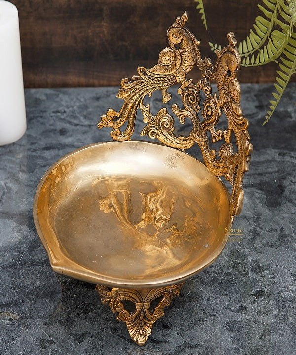 Brass Large Peacock Lamp Temple Home Décor Diya For Diwali Puja Gift Showpiece 9"