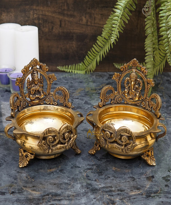 Brass Ganesha Lakshmi Urli Temple Home Décor For Diwali Puja Gift Showpiece 7" - Image 2