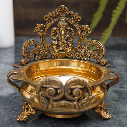 Brass Antique Urli with Ganesha 7" by vendor-unknown - Decor