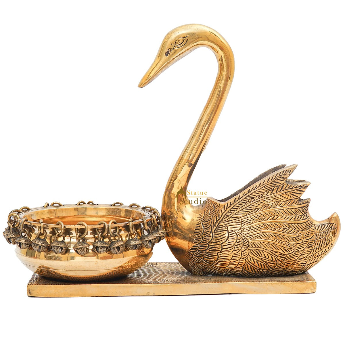 Brass Swan Showpiece With Urli Bowl Home Office Garden Décor Gift Statue 10"