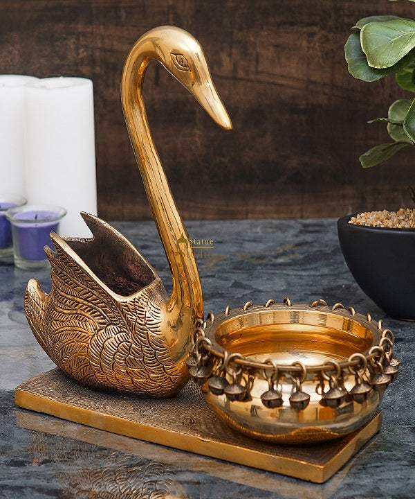 Brass Swan Showpiece With Urli Bowl Home Office Garden Décor Gift Statue 10" - Image 2