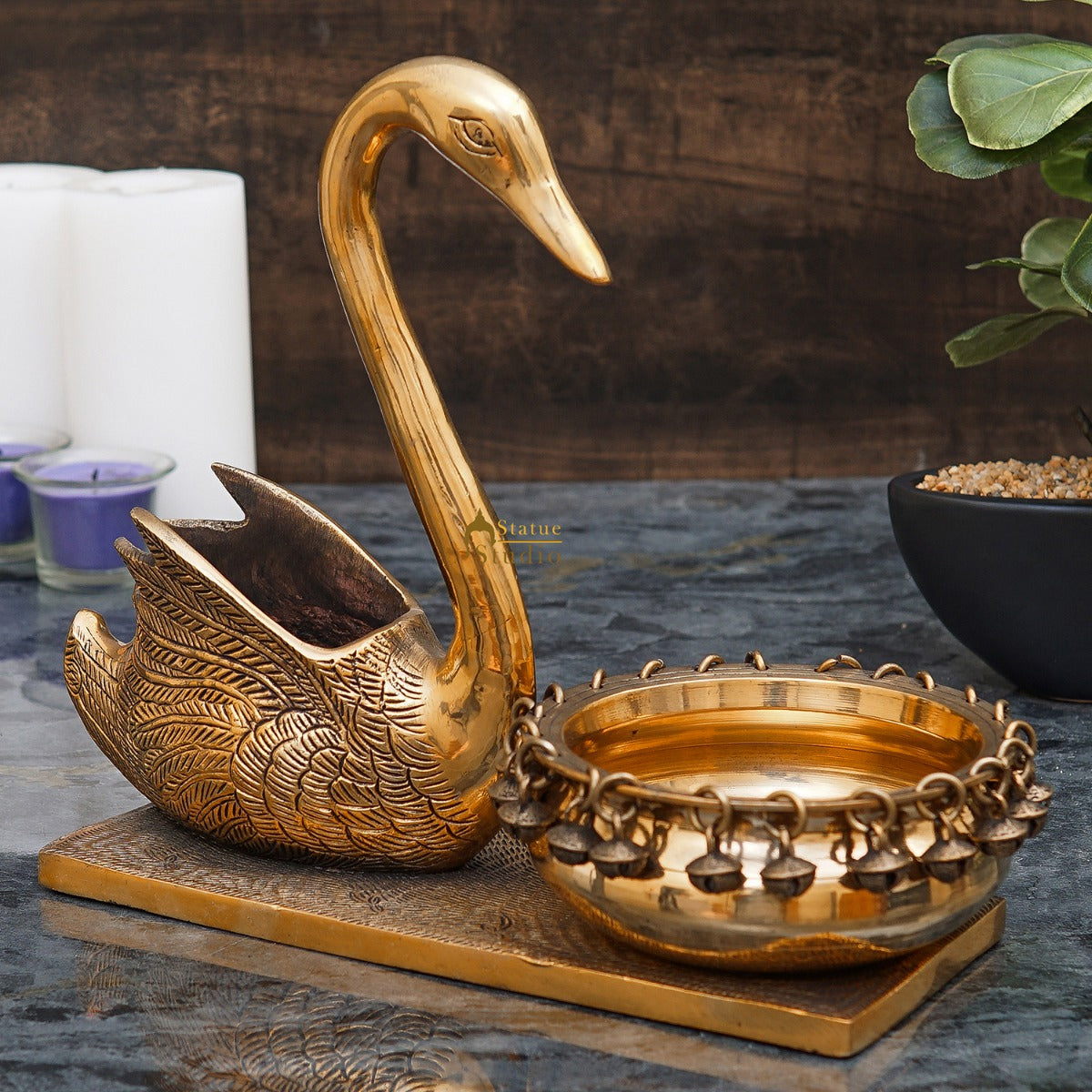 Brass Swan Showpiece With Urli Bowl Home Office Garden Décor Gift Statue 10" - Eco-friendly - Sama Homes