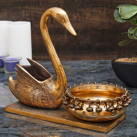 Brass Swan Showpiece With Urli Bowl Home Office Garden Décor Gift Statue 10"