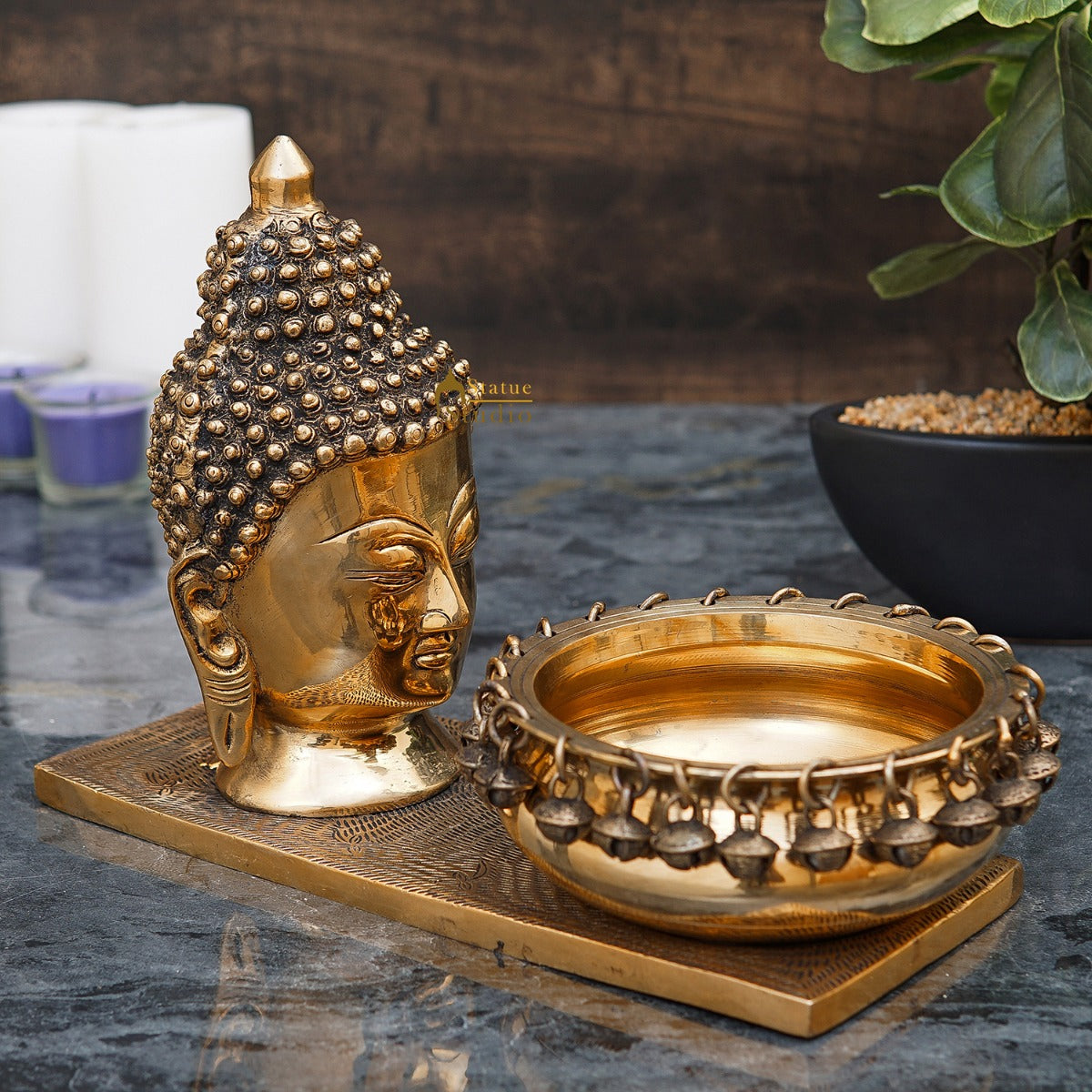 Brass Buddha Head Showpiece With Urli Bowl Home Office Garden Décor Gift Statue 8"