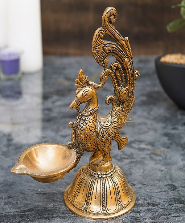 Brass Peacock Bird Diya For Pooja Room Home Diwali Décor Gift Showpiece 7" - Image 2