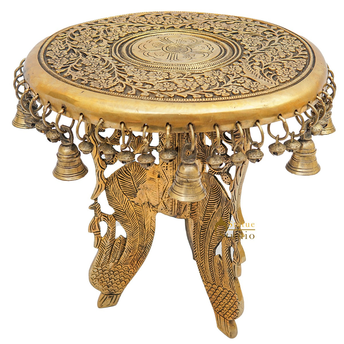 Brass Designer Chowki Side Stool Pedestal Antique Furniture Home Pooja Room Decor 11 Inch