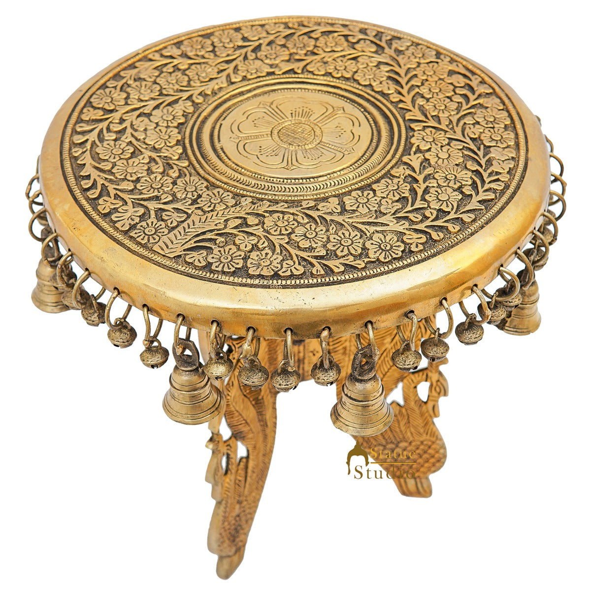 Brass Designer Chowki Side Stool Pedestal Antique Furniture Home Pooja Room Decor 11 Inch