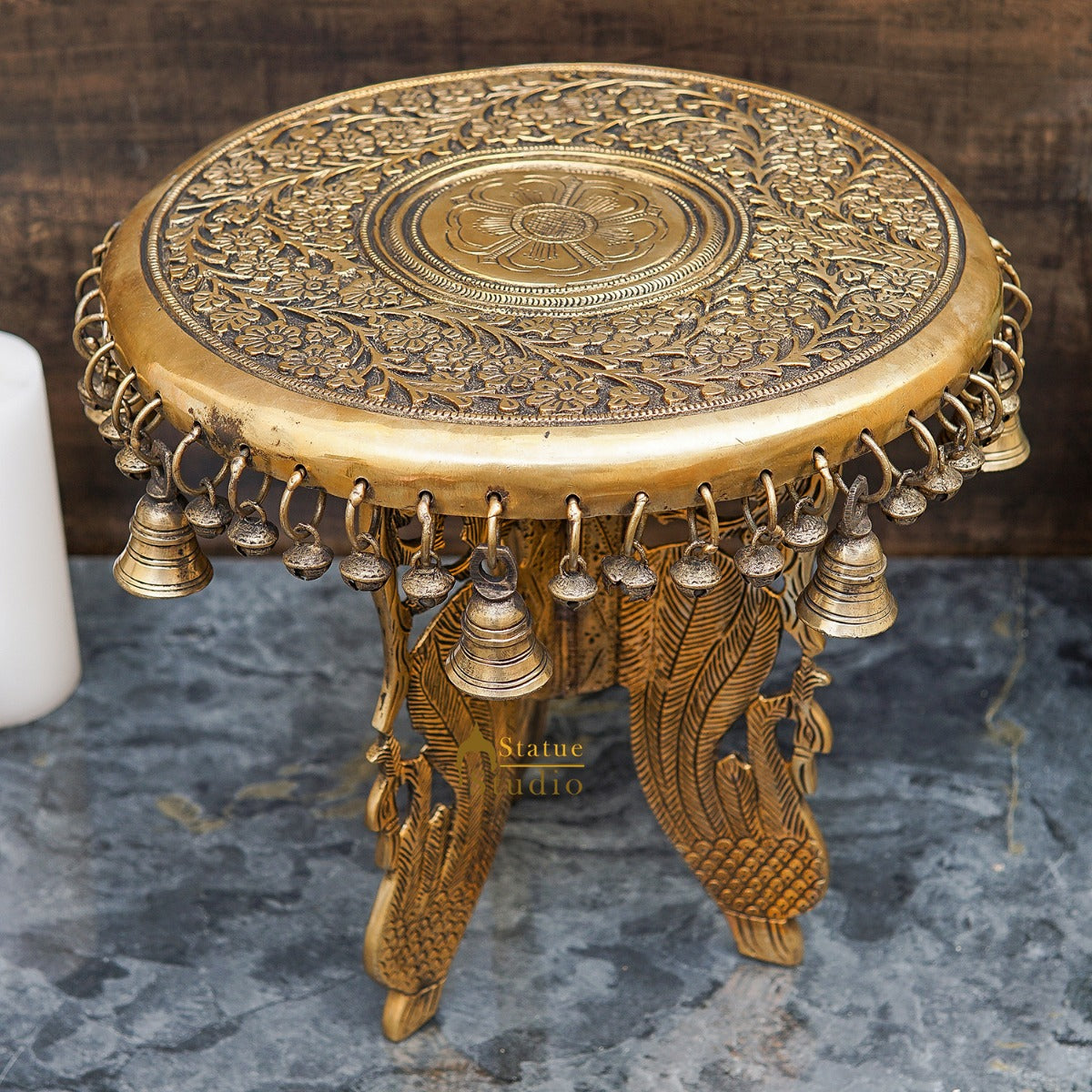 Brass Designer Chowki Side Stool Pedestal Antique Furniture Home Pooja Room Decor 11 Inch - Eco-friendly - Sama Homes