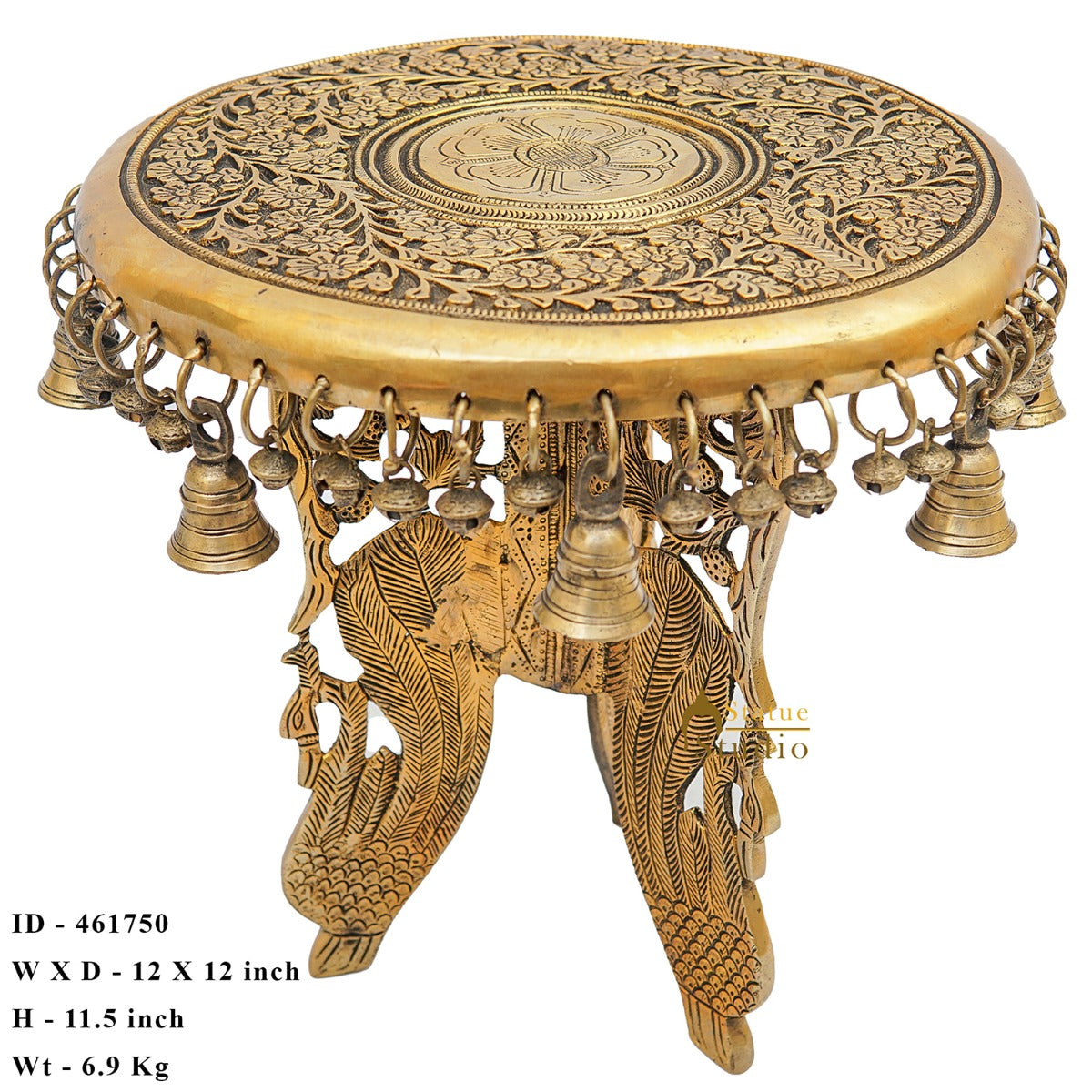 Brass Designer Chowki Side Stool Pedestal Antique Furniture Home Pooja Room Decor 11 Inch - Image 5