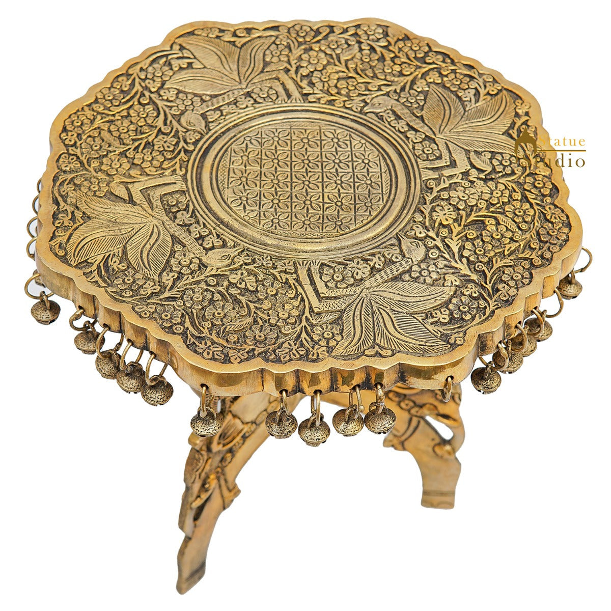 Brass Designer Chowki Side Stool Pedestal Antique Furniture Home Pooja Room Décor 11"