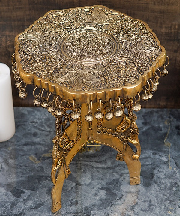 Brass Designer Chowki Side Stool Pedestal Antique Furniture Home Pooja Room Décor 11" - Image 2