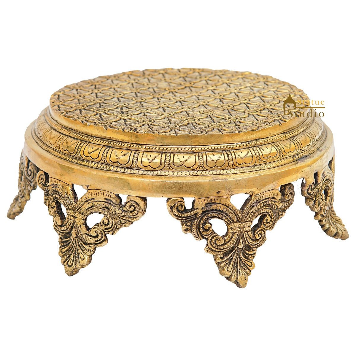 Brass Designer Puja Chowki Pedestal Antique Furniture Home Pooja Room Décor 4"