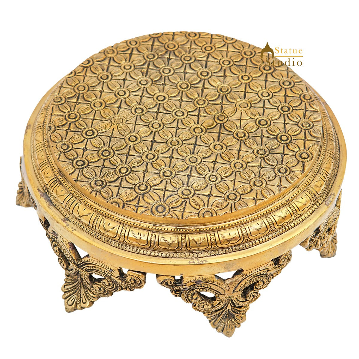Brass Designer Puja Chowki Pedestal Antique Furniture Home Pooja Room Décor 4" - Image 4