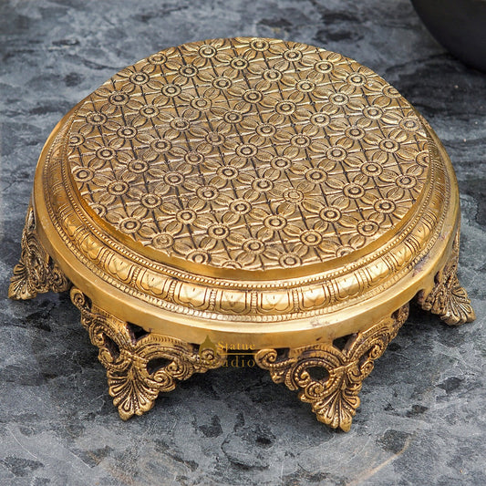 Brass Designer Puja Chowki Pedestal Antique Furniture Home Pooja Room Décor 4"