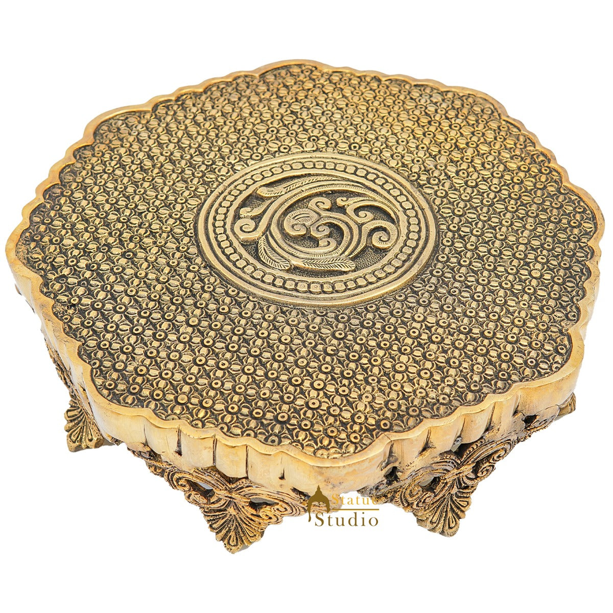 Brass Designer Puja Chowki Pedestal Antique Furniture Home Pooja Room Décor 3" - Image 4