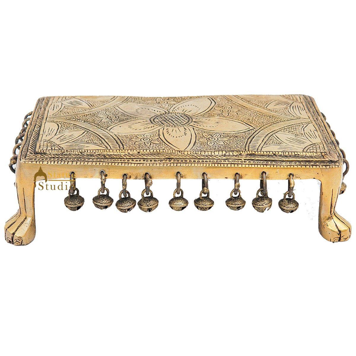 Brass Antique Puja Chowki with Ghungroo Bells 10.5 Inch