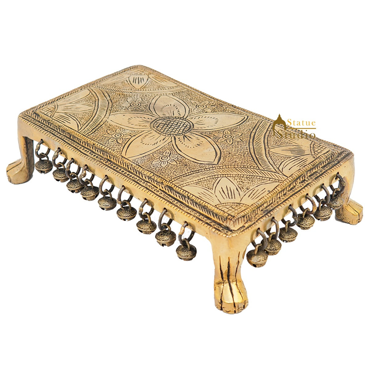 Brass Antique Puja Chowki with Ghungroo Bells 10.5 Inch