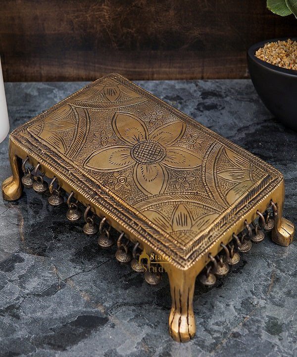 Brass Antique Puja Chowki with Ghungroo Bells 10.5 Inch - Image 2