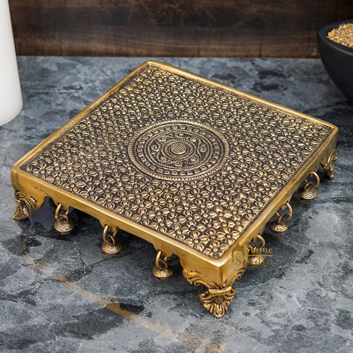 Brass Designer Puja Chowki Pedestal Antique Furniture Home Pooja Room Décor 2"