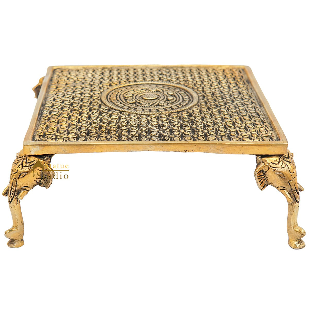 Brass Antique Puja Chowki with Elephant Legs 9 Inch - Image 3