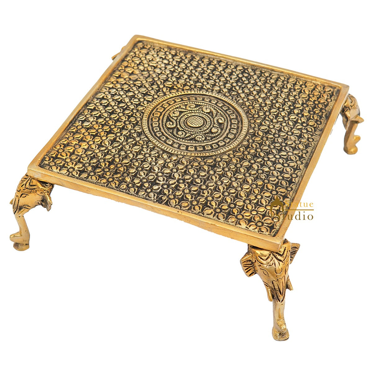 Brass Antique Puja Chowki with Elephant Legs 9 Inch - Image 4