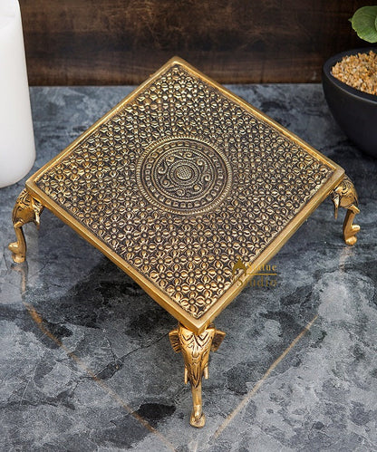 Brass Antique Puja Chowki with Elephant Legs 9 Inch by StatueStudio - Spiritual (View 2)