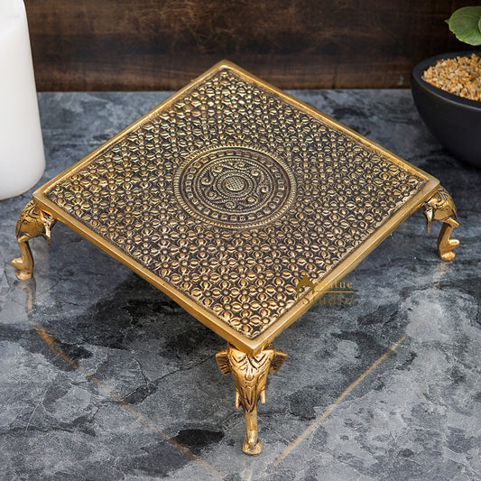 Brass Antique Puja Chowki with Elephant Legs 9 Inch