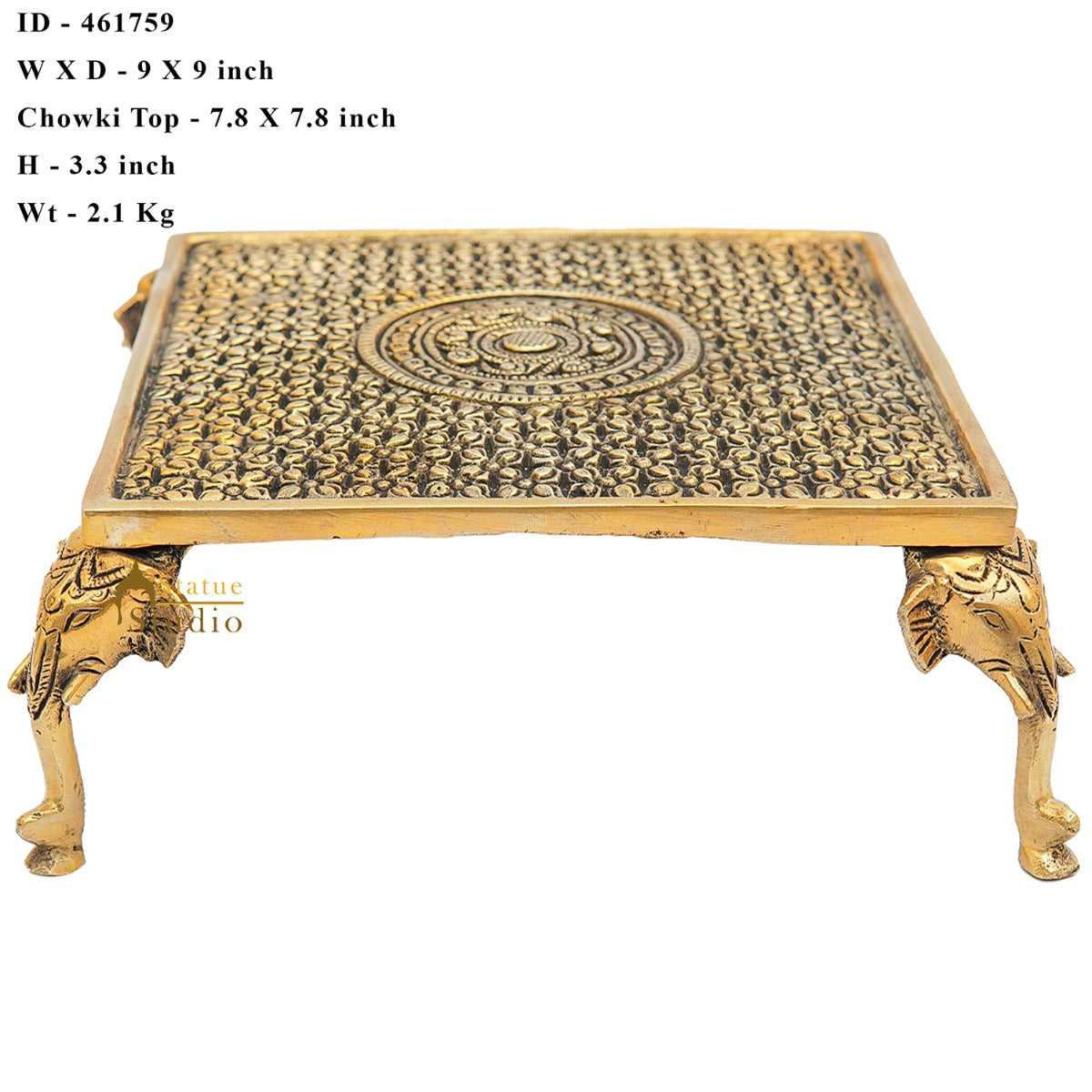 Brass Antique Puja Chowki with Elephant Legs 9 Inch - Image 6