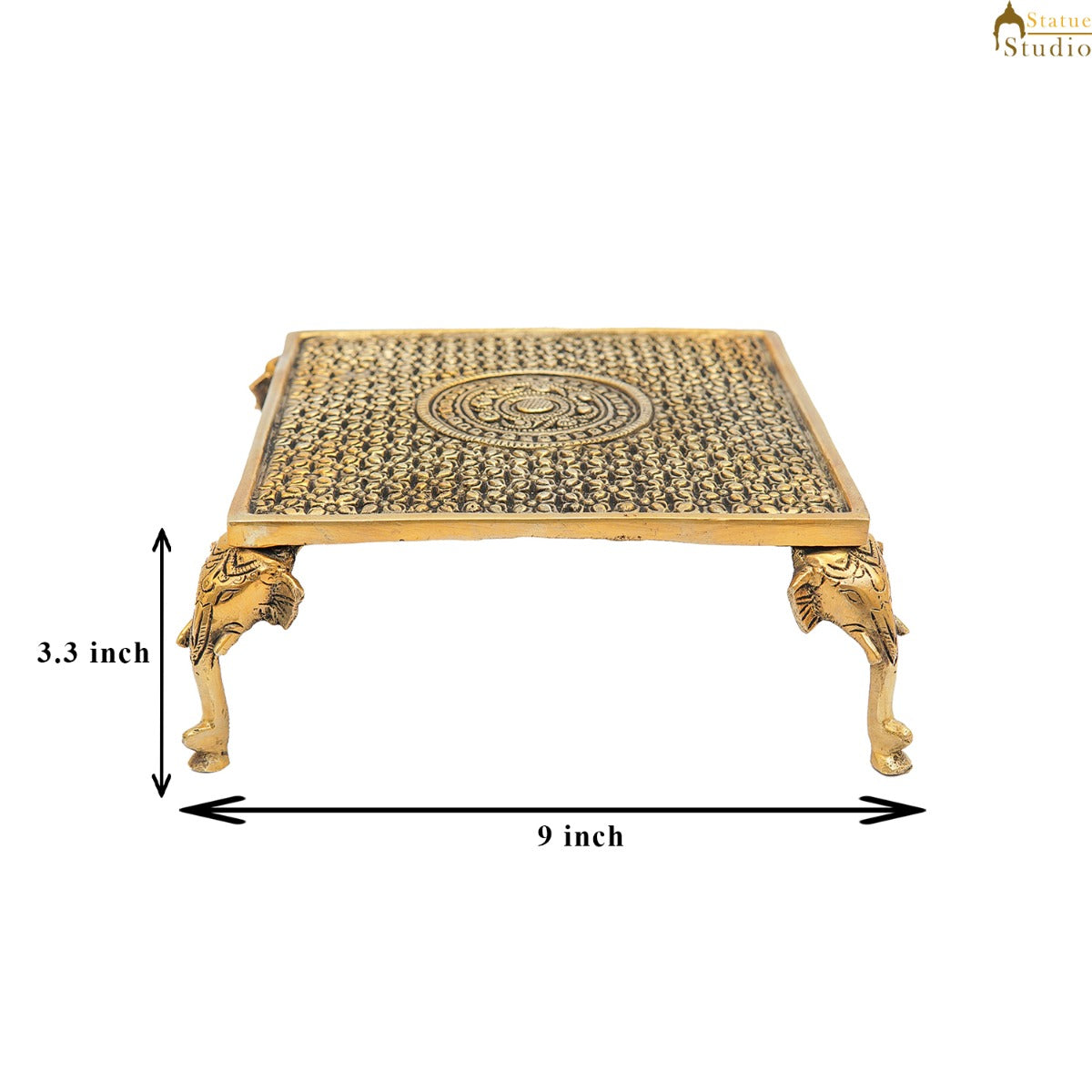 Brass Antique Puja Chowki with Elephant Legs 9 Inch