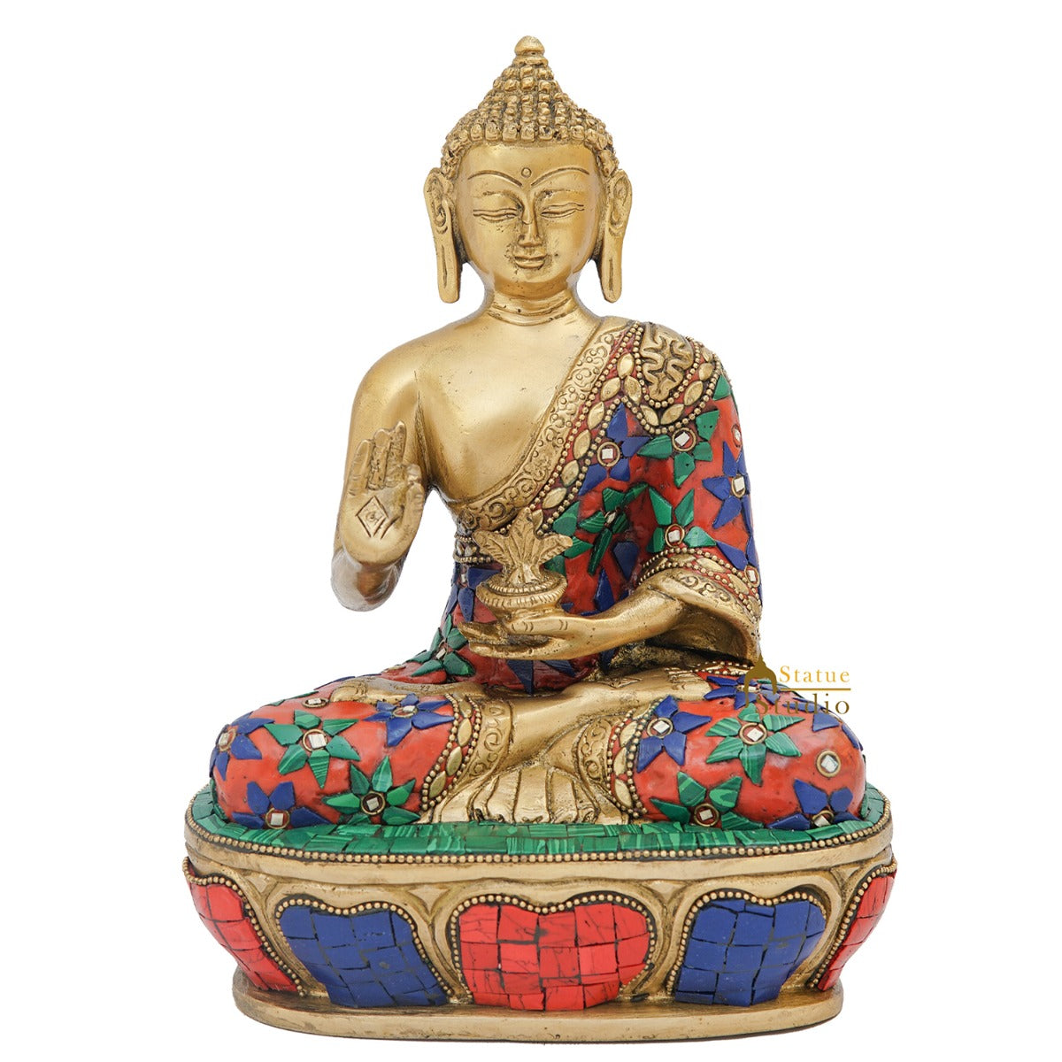 Brass Buddha Statue Stone Work For Home Office Decor Gift Showpiece 9"