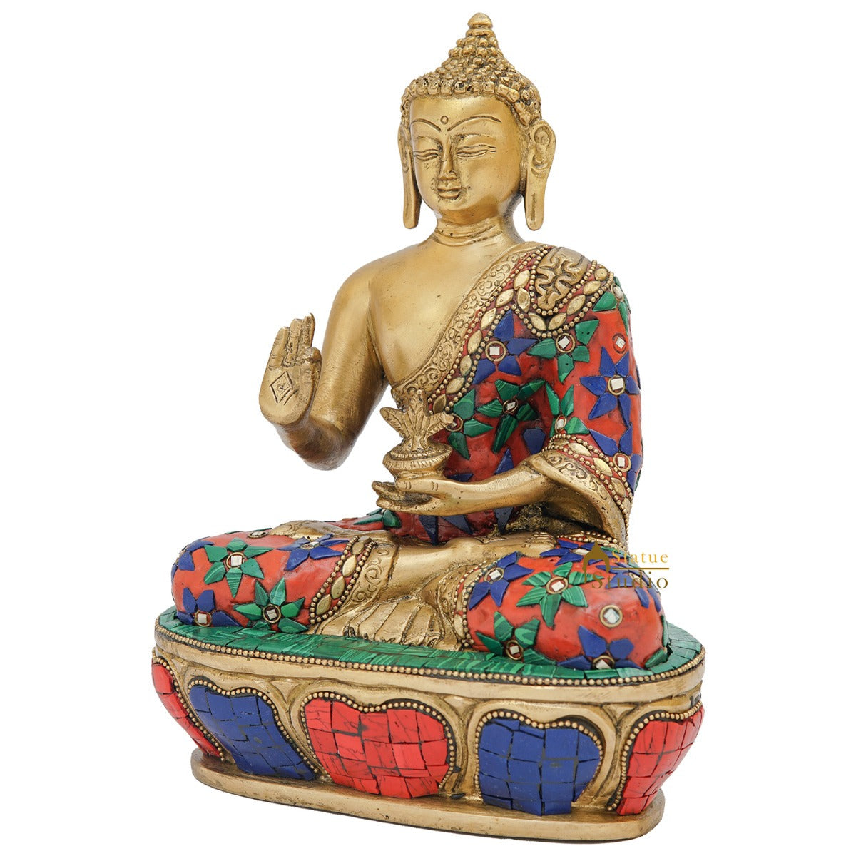Brass Buddha Statue Stone Work For Home Office Decor Gift Showpiece 9"
