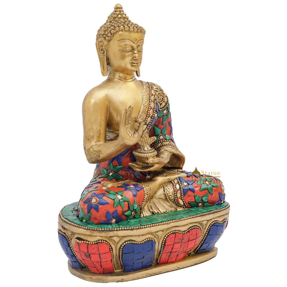 Brass Buddha Statue Stone Work For Home Office Decor Gift Showpiece 9"