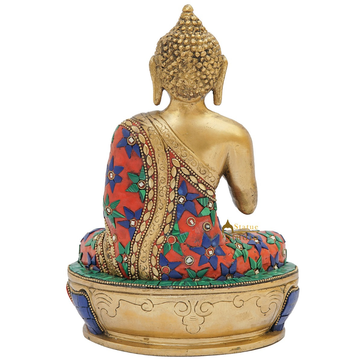 Brass Buddha Statue Stone Work For Home Office Decor Gift Showpiece 9"