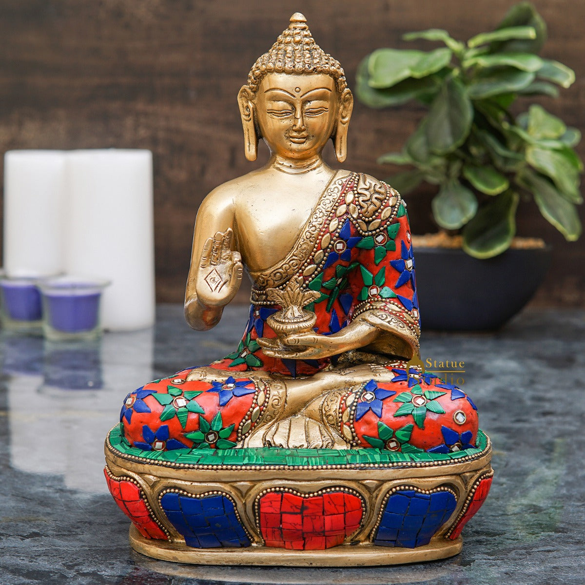 Brass Buddha Statue Stone Work For Home Office Decor Gift Showpiece 9"