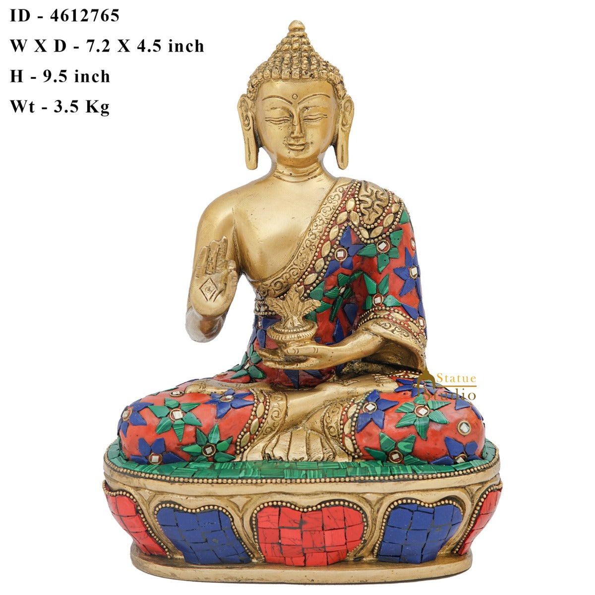 Brass Buddha Statue Stone Work For Home Office Decor Gift Showpiece 9" - Image 6