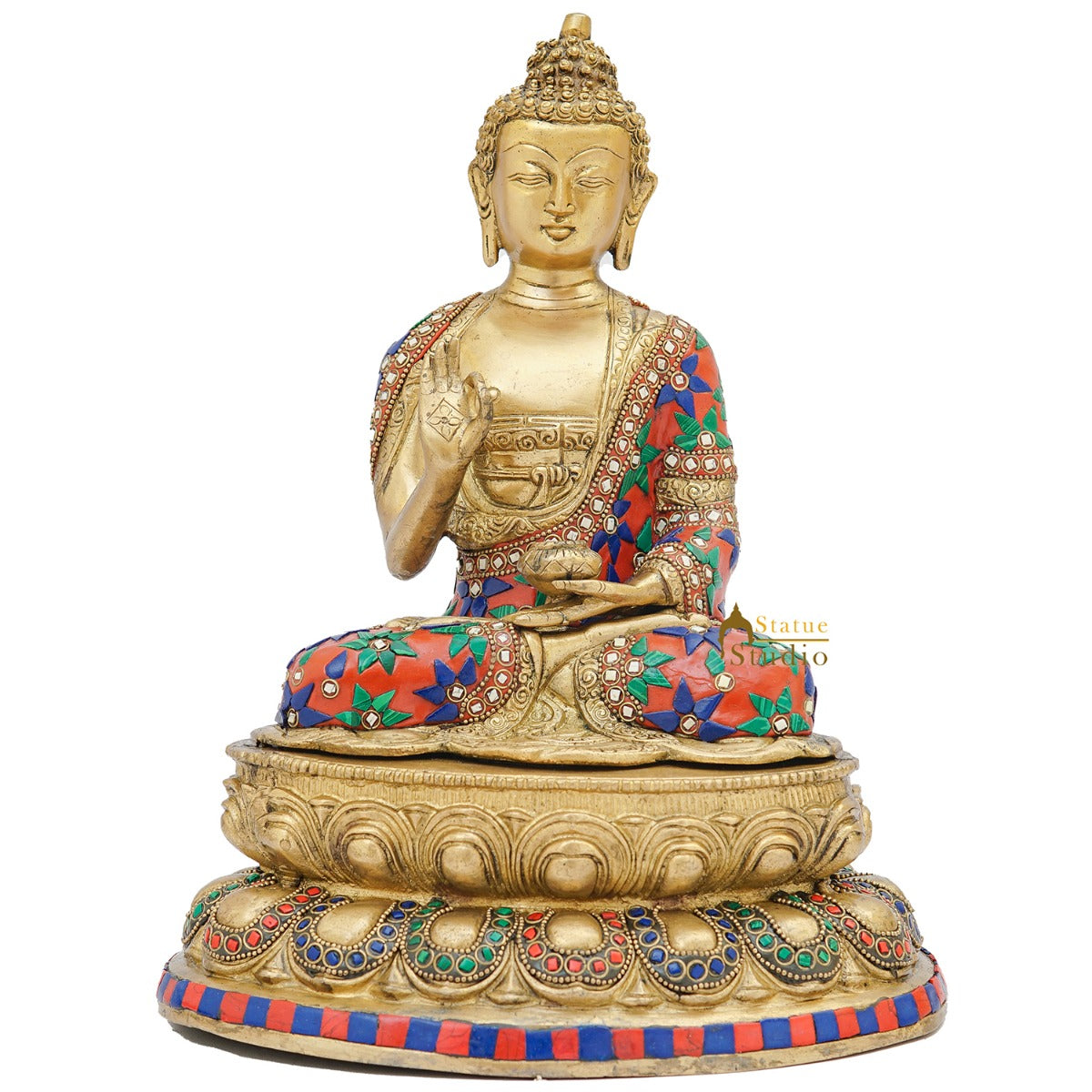 Brass Blessing Buddha Statue Stone Work For Home Decor Showpiece 13"