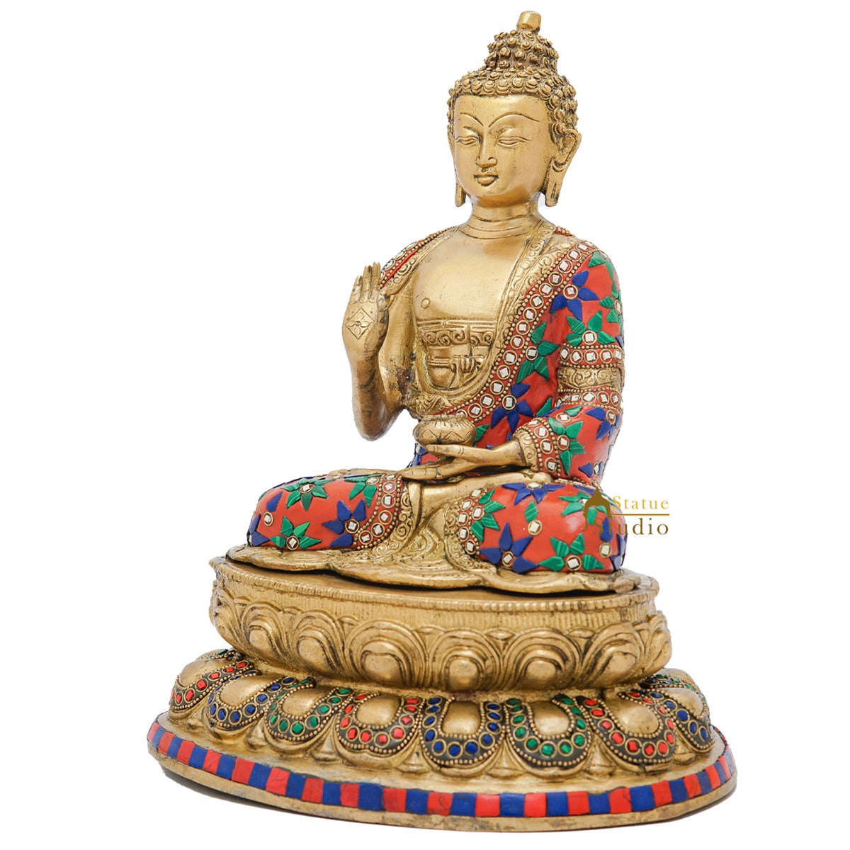 Brass Blessing Buddha Statue Stone Work For Home Decor Showpiece 13" - Image 4