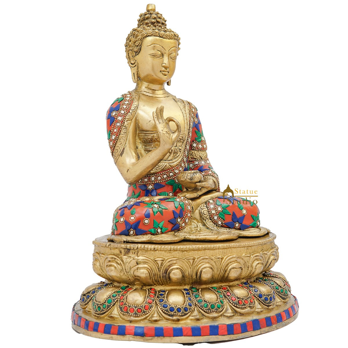 Brass Blessing Buddha Statue Stone Work For Home Decor Showpiece 13" - Image 3