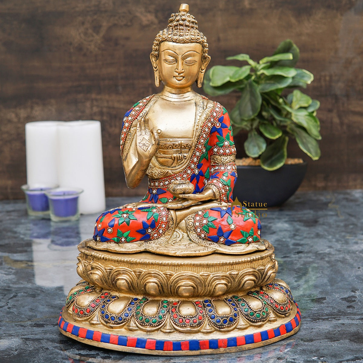 Brass Blessing Buddha Statue Stone Work For Home Decor Showpiece 13"