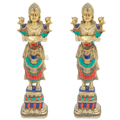 Brass Deeplakshmi Pair Statue For Home Puja Room Diwali Décor Idol Showpiece 13" by vendor-unknown - Decor (View 3)