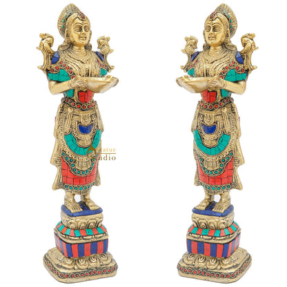 Brass Deeplakshmi Pair Statue For Home Puja Room Diwali Décor Idol Showpiece 13" by vendor-unknown - Decor (View 4)