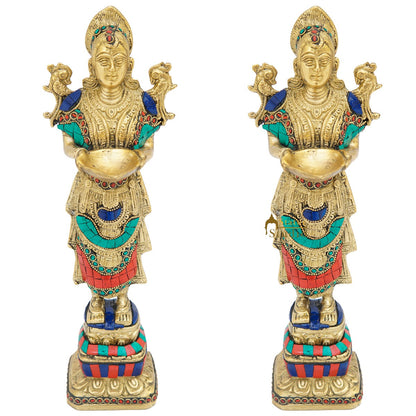 Brass Deeplakshmi Pair Statue For Home Puja Room Diwali Décor Idol Showpiece 13" by vendor-unknown - Decor (View 5)