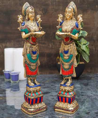 Brass Deeplakshmi Pair Statue For Home Puja Room Diwali Décor Idol Showpiece 13" by vendor-unknown - Decor (View 2)