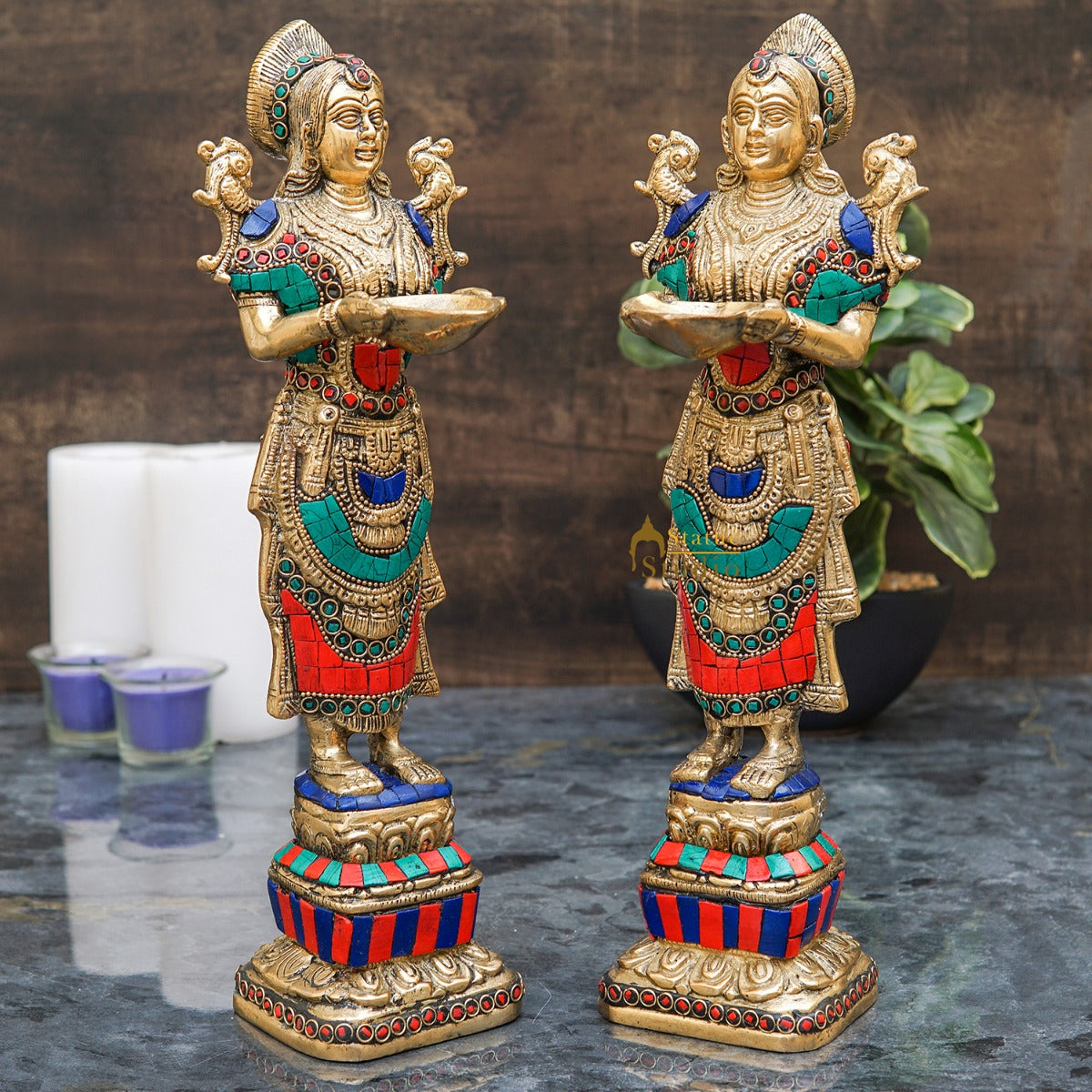 Brass Deeplakshmi Pair Statue For Home Puja Room Diwali Décor Idol Showpiece 13" - Eco-friendly - Sama Homes